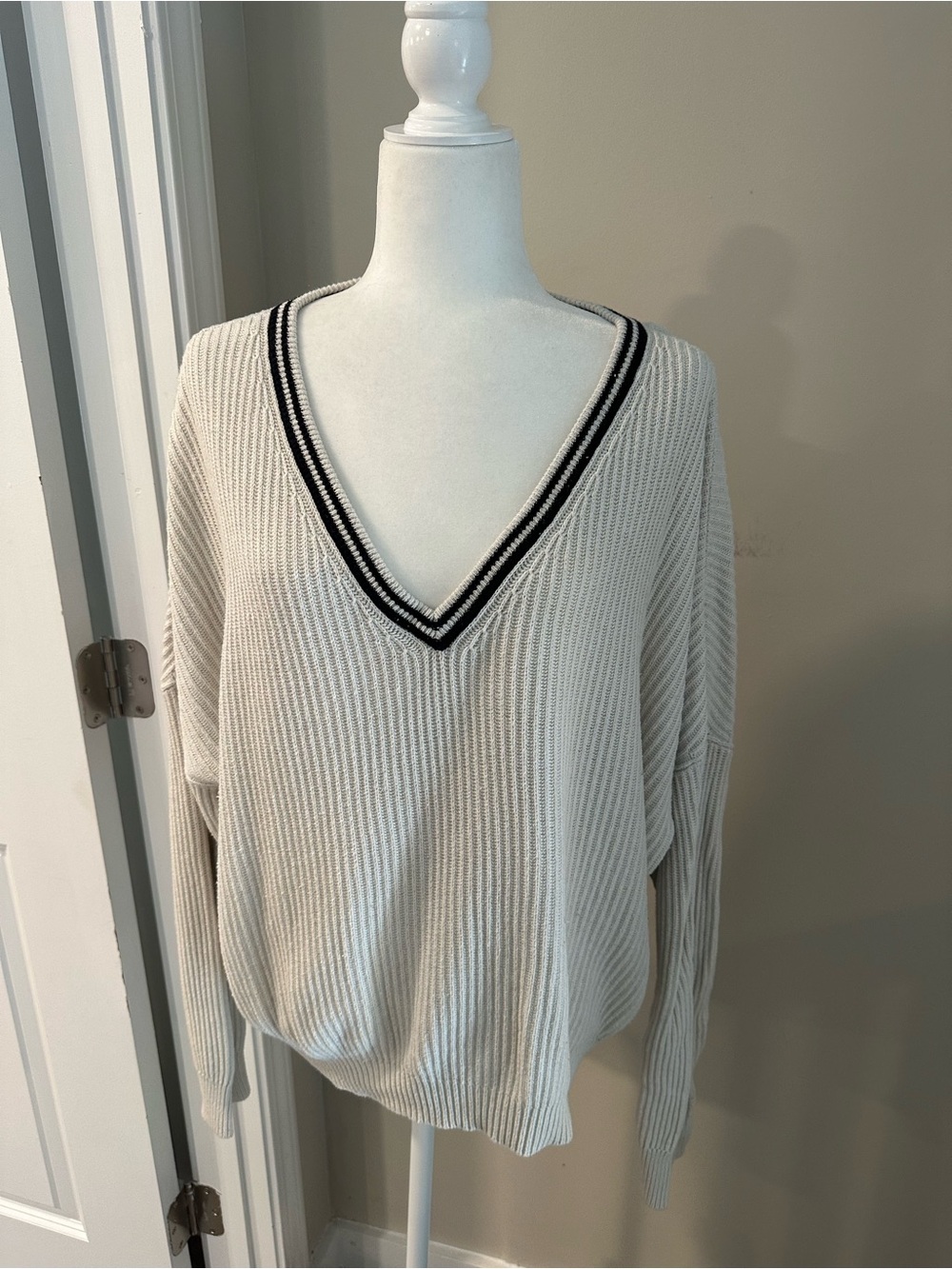 American Eagle Outfitters Cream V-Neck Sweater with Black Trim